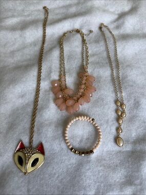 3 Gold-Tone Pink Bead Statement Necklace and Bracelet Set